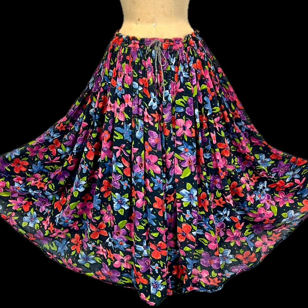 VINTAGE 90s floral long‎ maxi full skirt 100% cotton drawstring waist festival